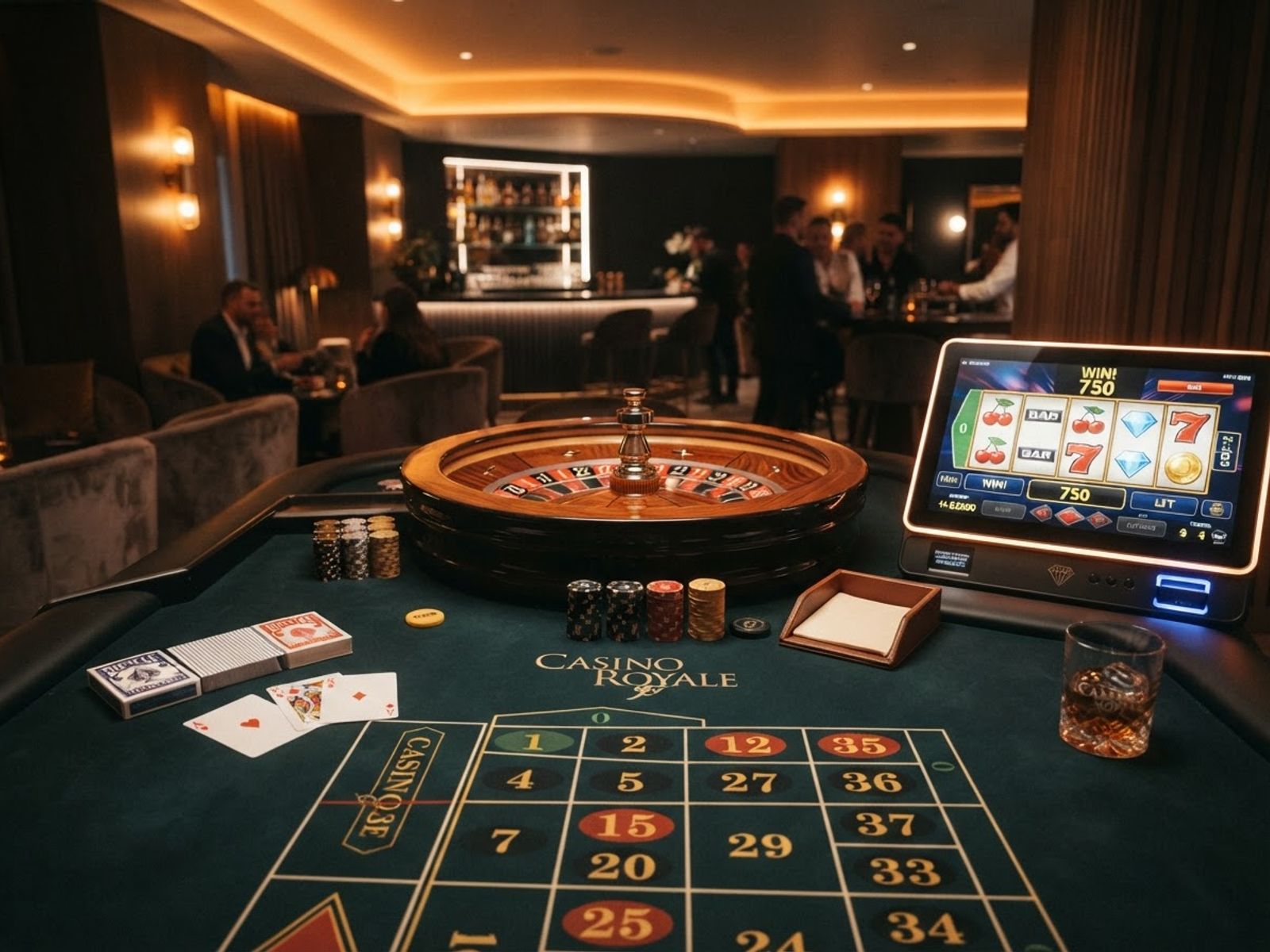 Table de casino avec roulette et cartes
