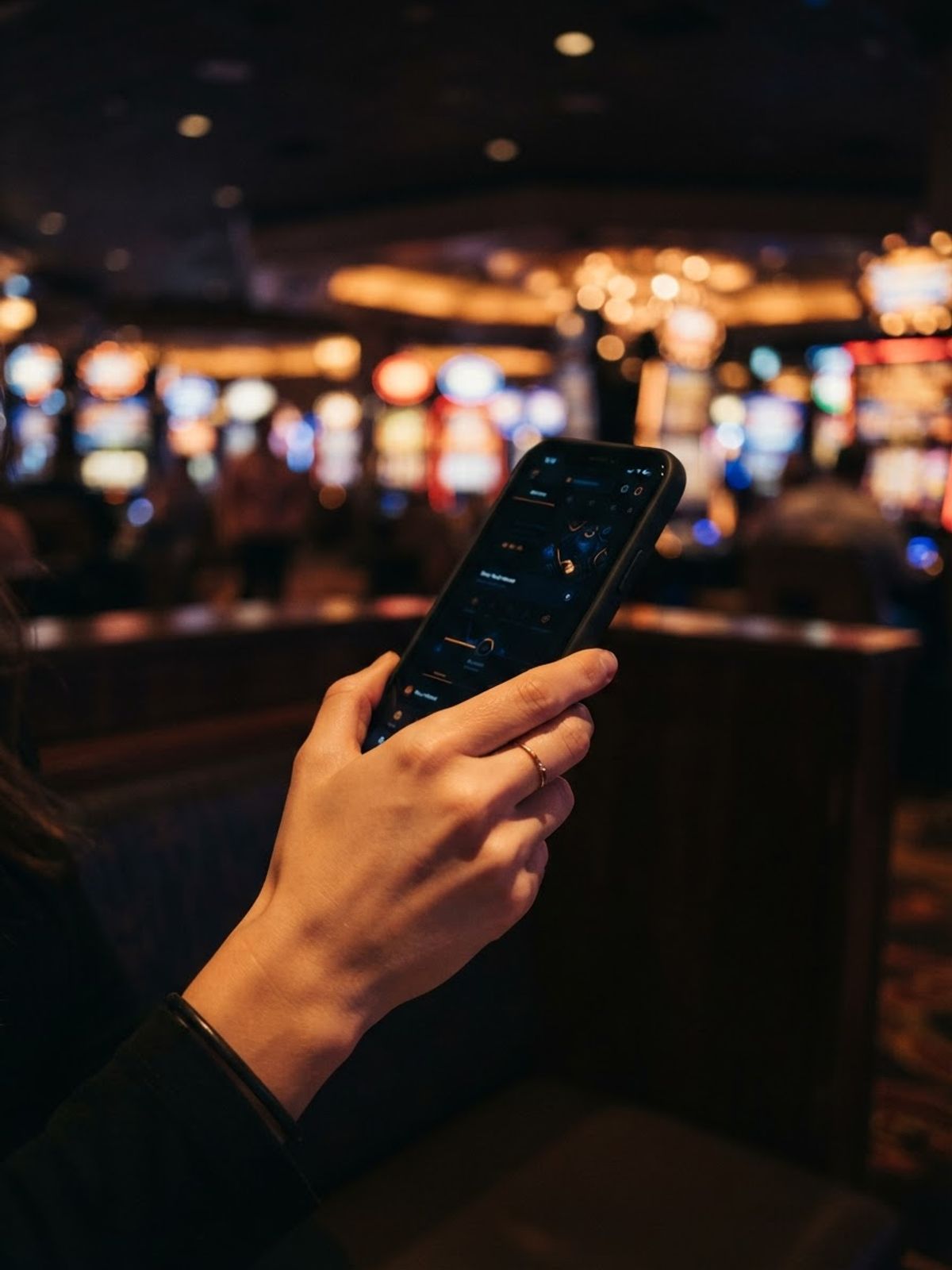 Main tenant un smartphone devant un fond de casino sombre
