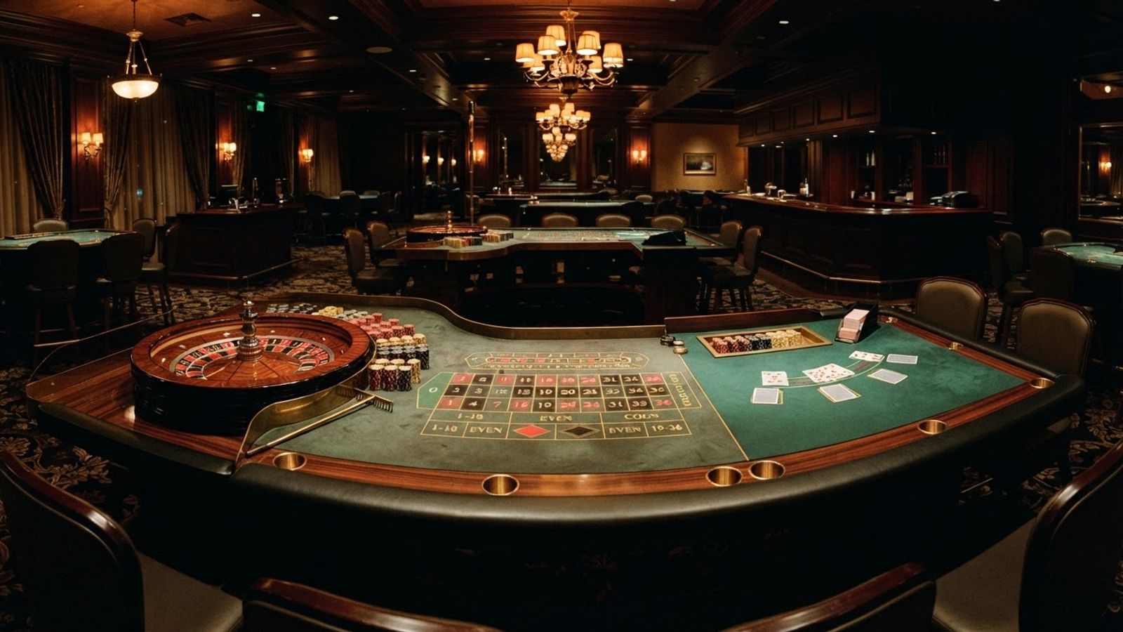 Table de casino avec roulette et cartes sous un éclairage ambré